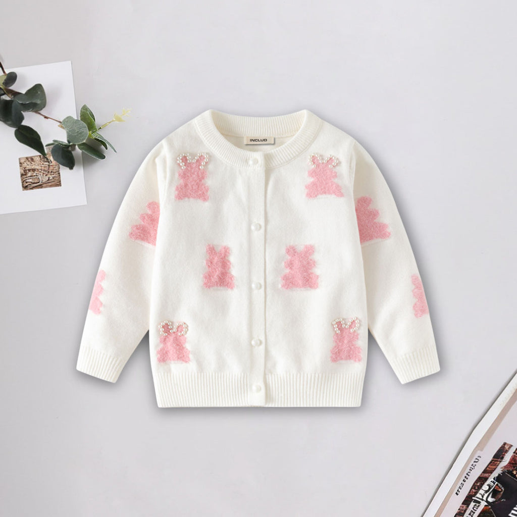 Girls White Self-Design Winter Cardigan Sweaters & Cardigans White 2-3 Y