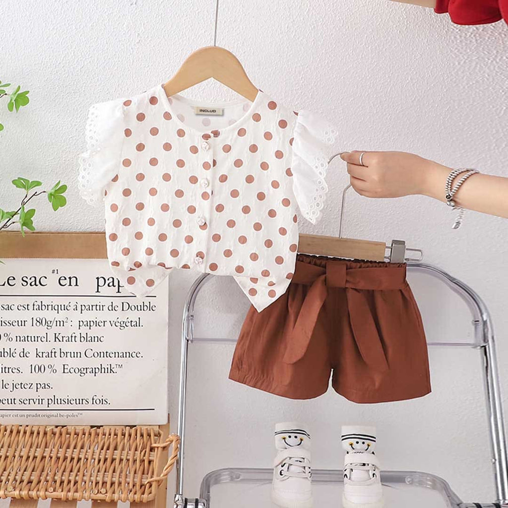 Girls Polka Dot Printed Top With Shorts Set 2 pc. Sets Brown 1-2 Y 