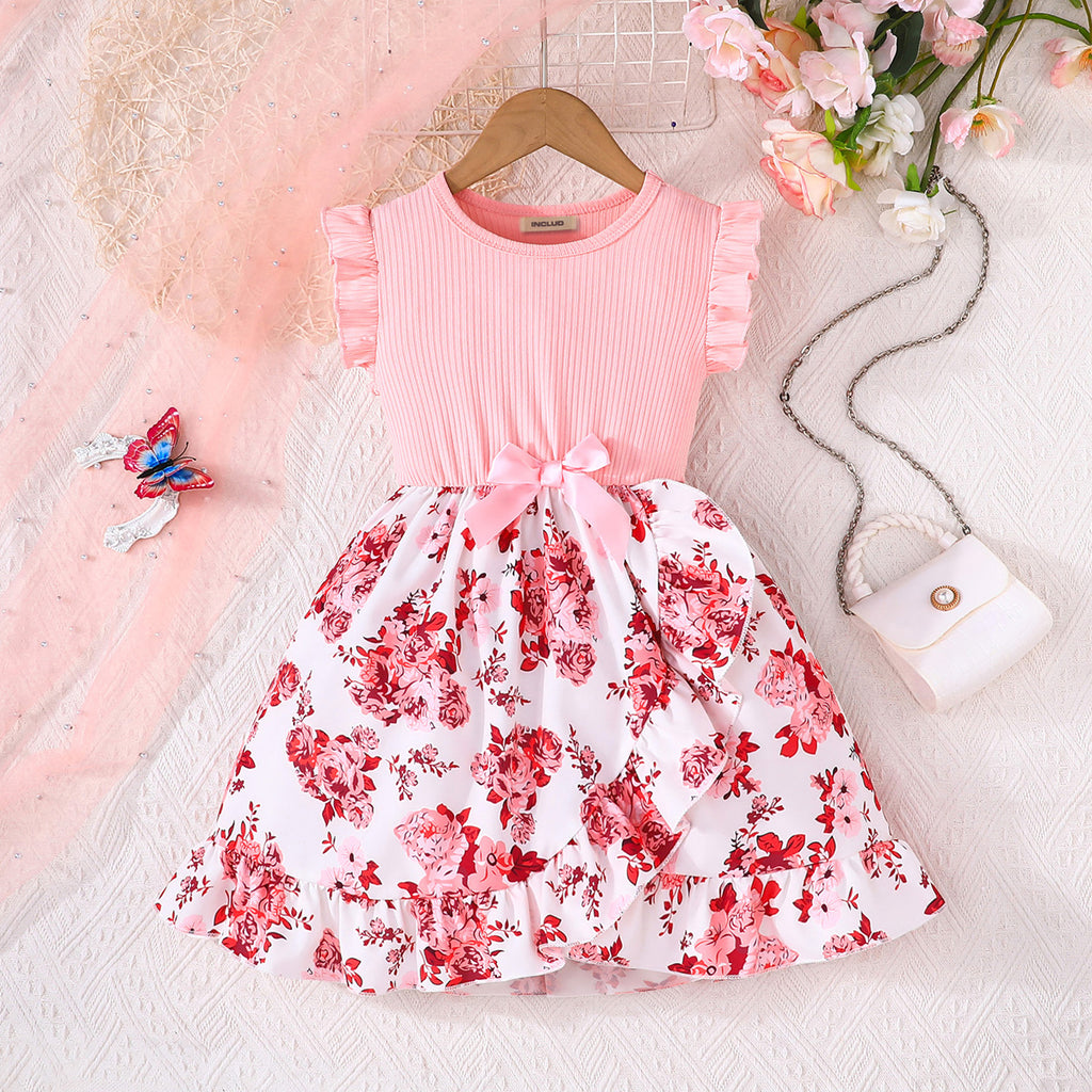 Girls Light Pink Floral Printed Flutter Sleeves Fit And Flared Dress Casual Dresses Light Pink 3-4 Y