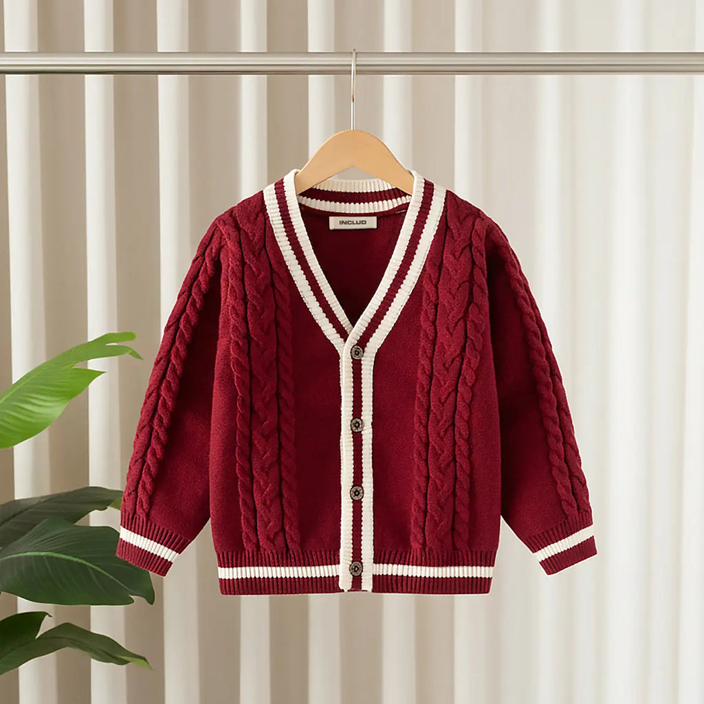 Girls Red Self-Design Knitted Cardigan Sweaters & Cardigans Red 1-2 Y