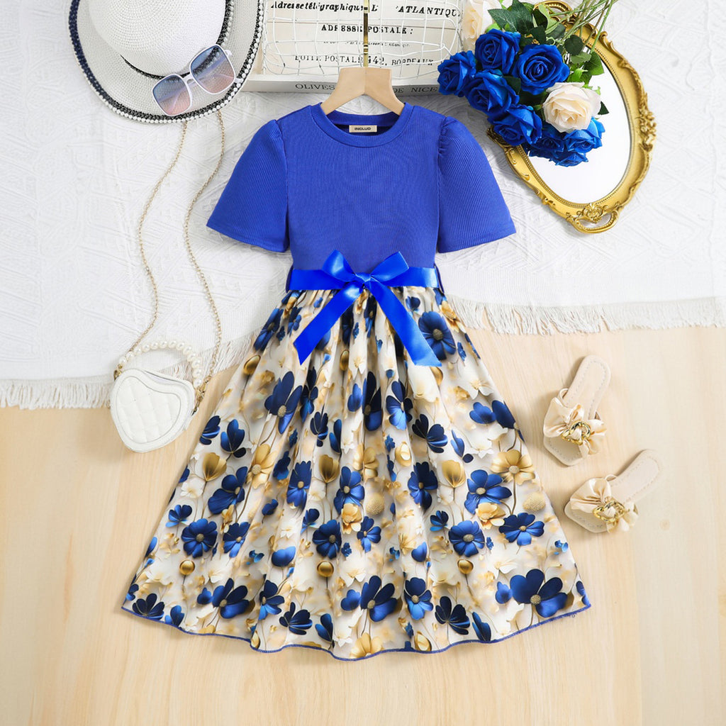 Girls Blue Floral Printed Short Sleeves Fit And Flared Midi Dress Casual Dresses Blue 3-4 Y