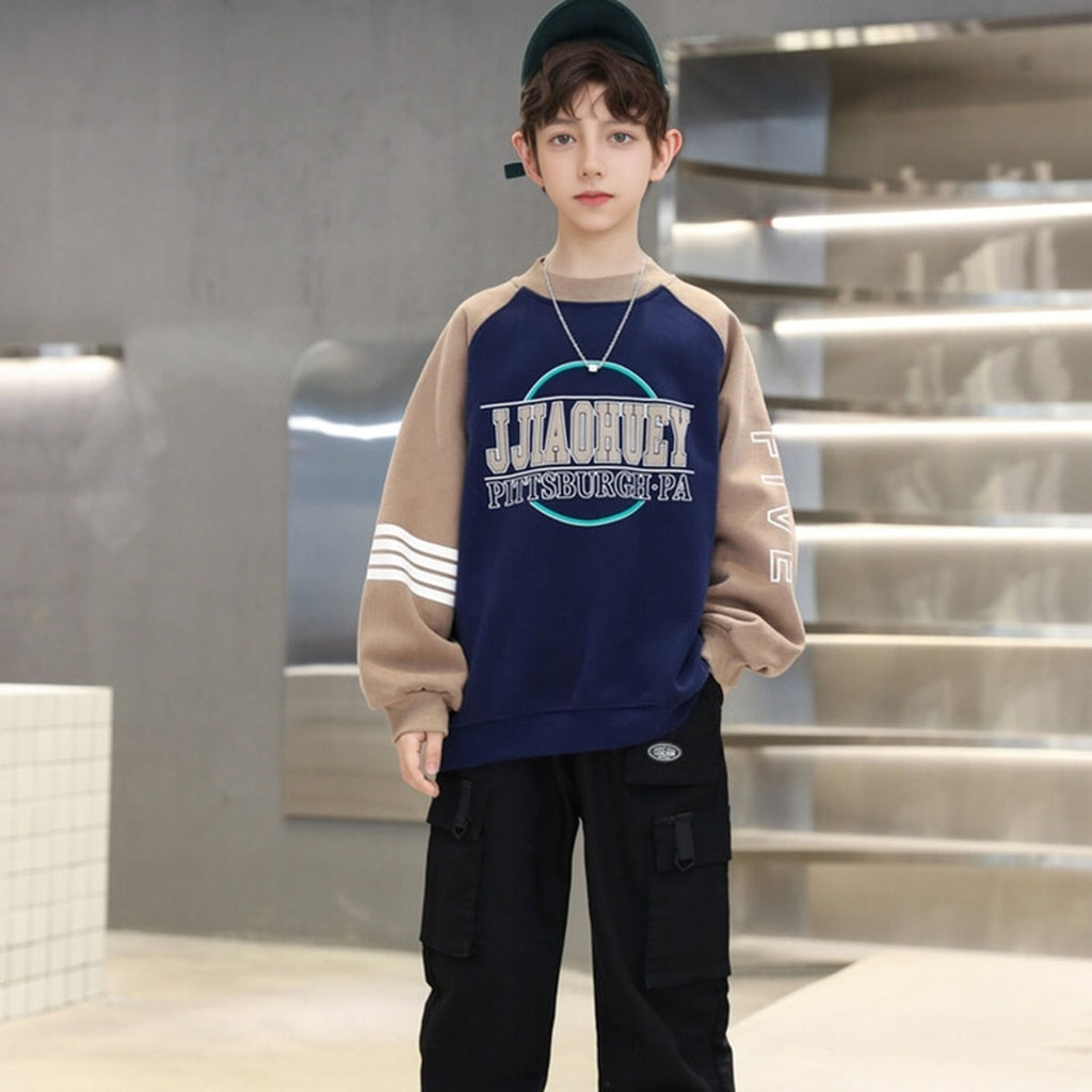 Boys Navy Blue Typographic Printed Raglan Sleeves Winter Sweatshirt Sweatshirts & Hoodies Navy Blue 5-6 Y
