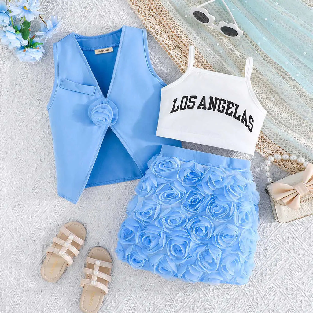 Girls Blue Sleeveless Waistcoat With Top & Skirt Sets Sets Blue 2-3 Y