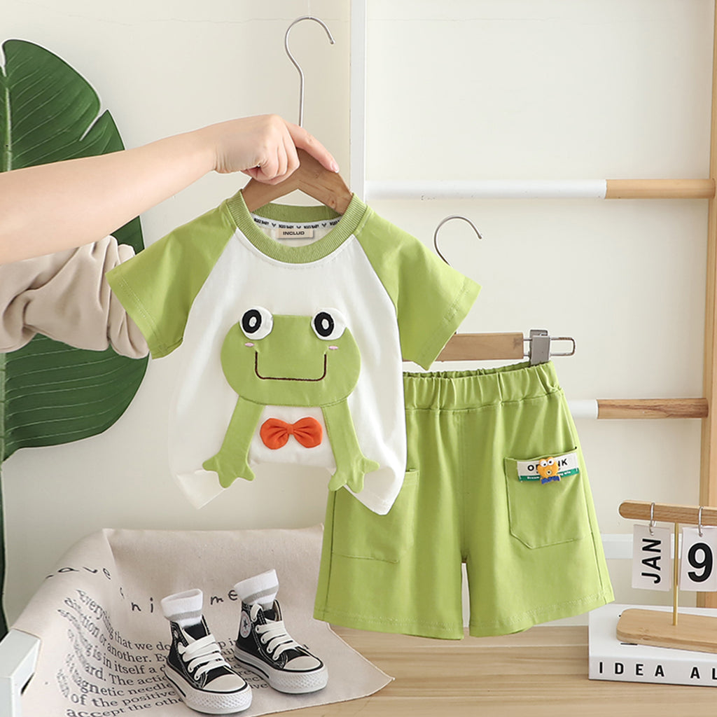 Boys Green Frog Patch Raglan Sleeve T-shirt With Shorts Set Sets Green 1-2 Y