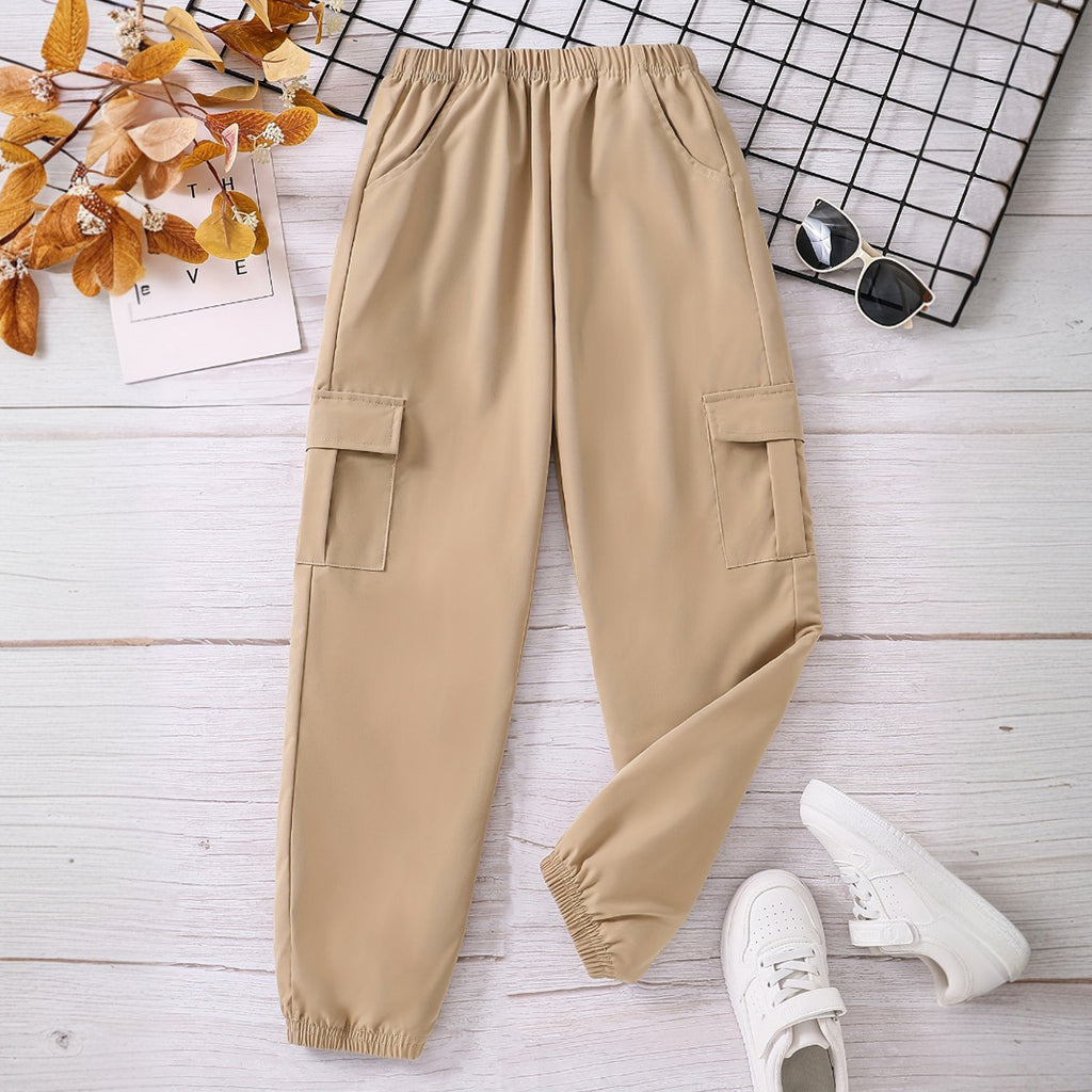 Boys Khaki Solid Elasticated Bottom Cargo Trouser Cargo Pants Khaki 7-8 Y