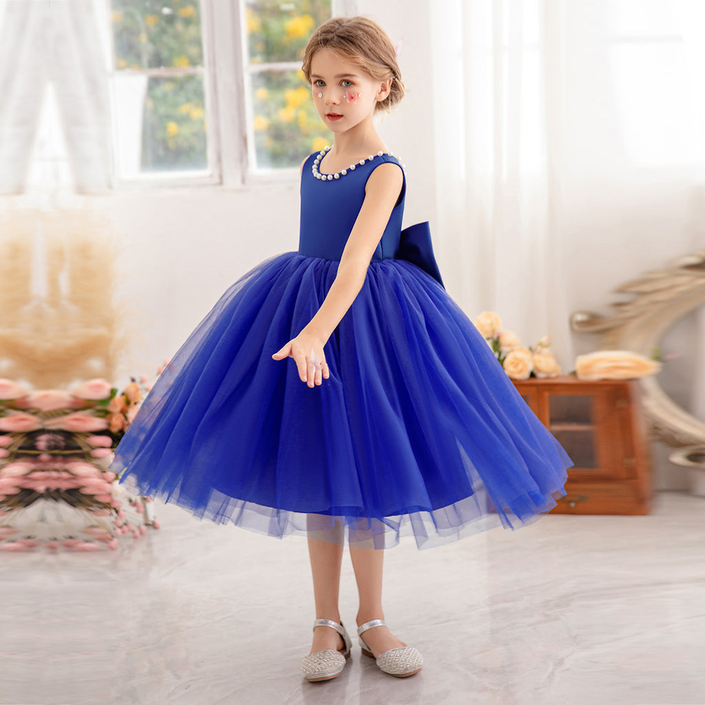 Girls Royal Blue Duchess Satin with Beaded Neck Tulle Overlay