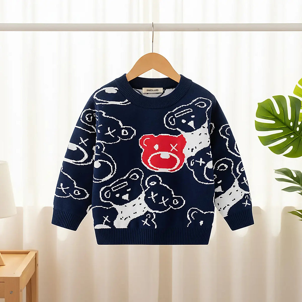 Boys Navy Blue Self-Design Bear Patterns Knitted Sweater Sweaters & Cardigans Navy Blue 1-2 Y
