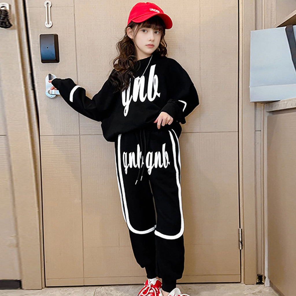 Girls Black Alphabet Printed Sweatshirt With Jogger Winter Co-ord Sets 2 pc. Sets Black 5-6 Y