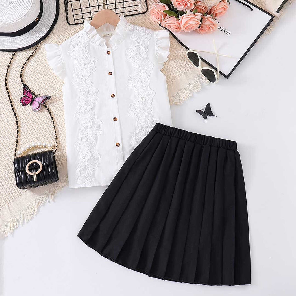 Girls Lace Shirt with Pleated Skirt Set Sets White 8-9 Y 