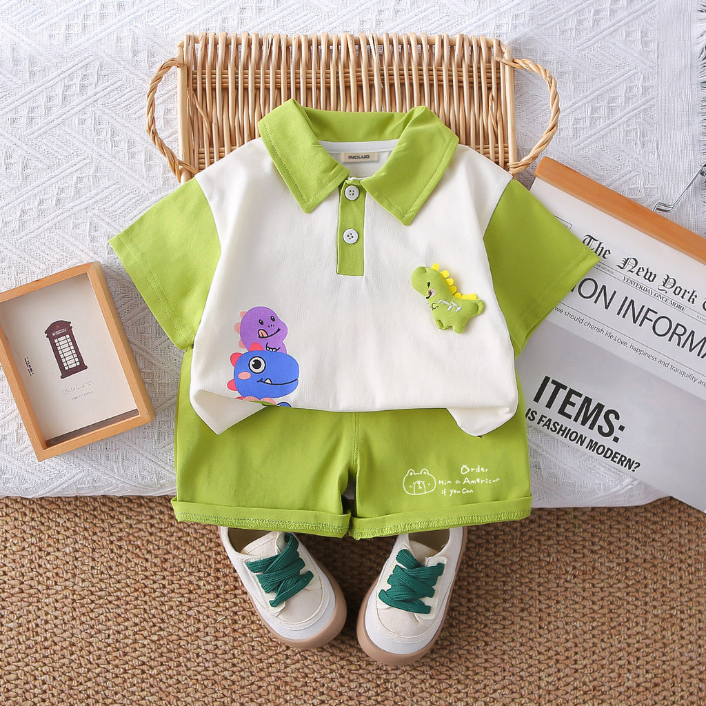 Boys Dinosaur Printed Short Sleeves Polo T-Shirt With Green Shorts Set 2 pc. Sets Green 1-2 Y
