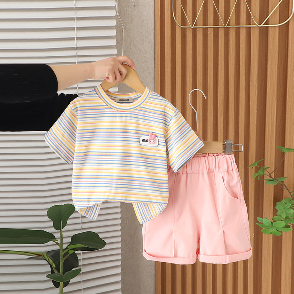 Boys Yellow Striped Short Sleeves Round Neck T-Shirt With Shorts Set 2 pc. Sets