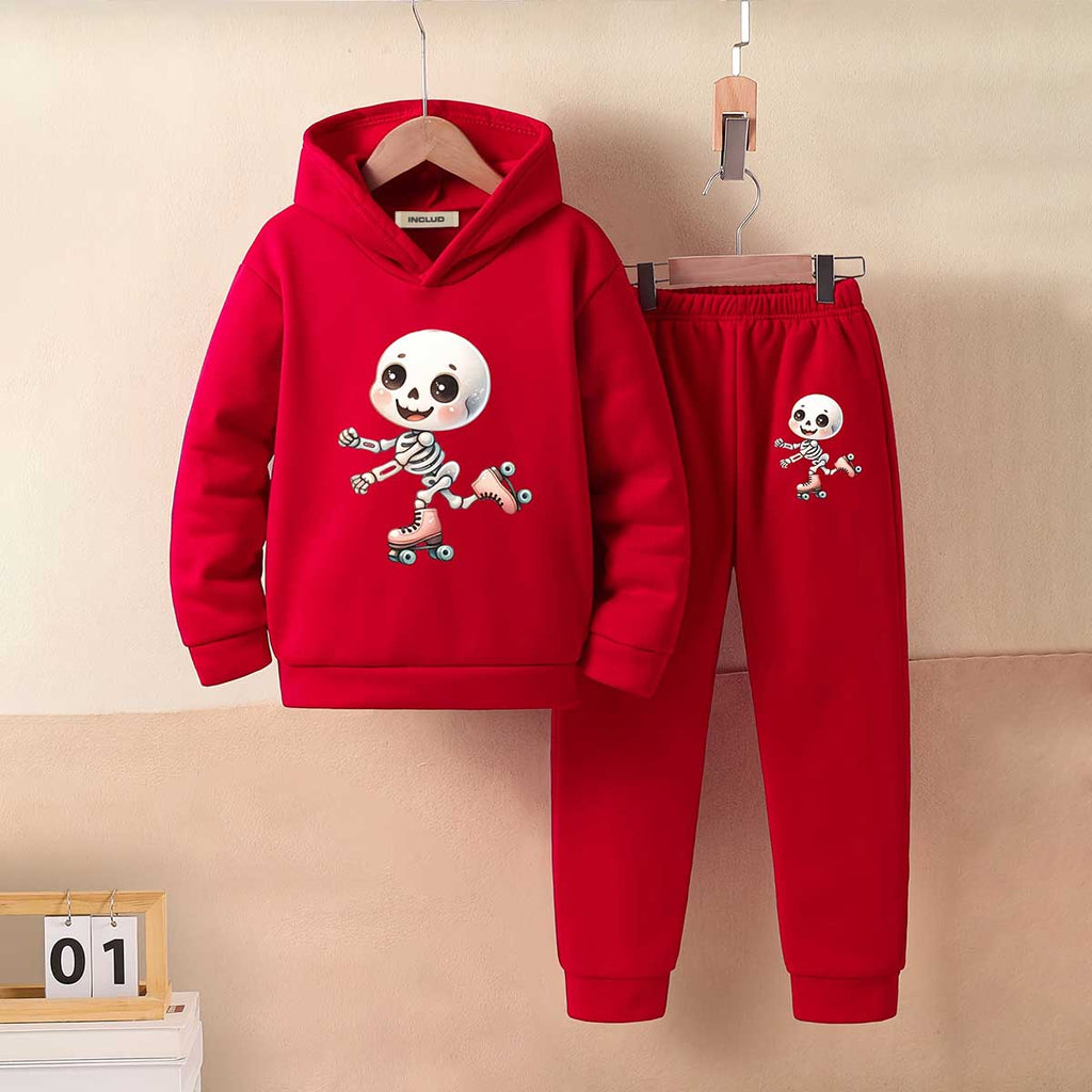 Girls Red Skeleton Printed Hooded Sweatshirt With Jogger Co-ord Sets 2 pc. Sets Red 5-6 Y