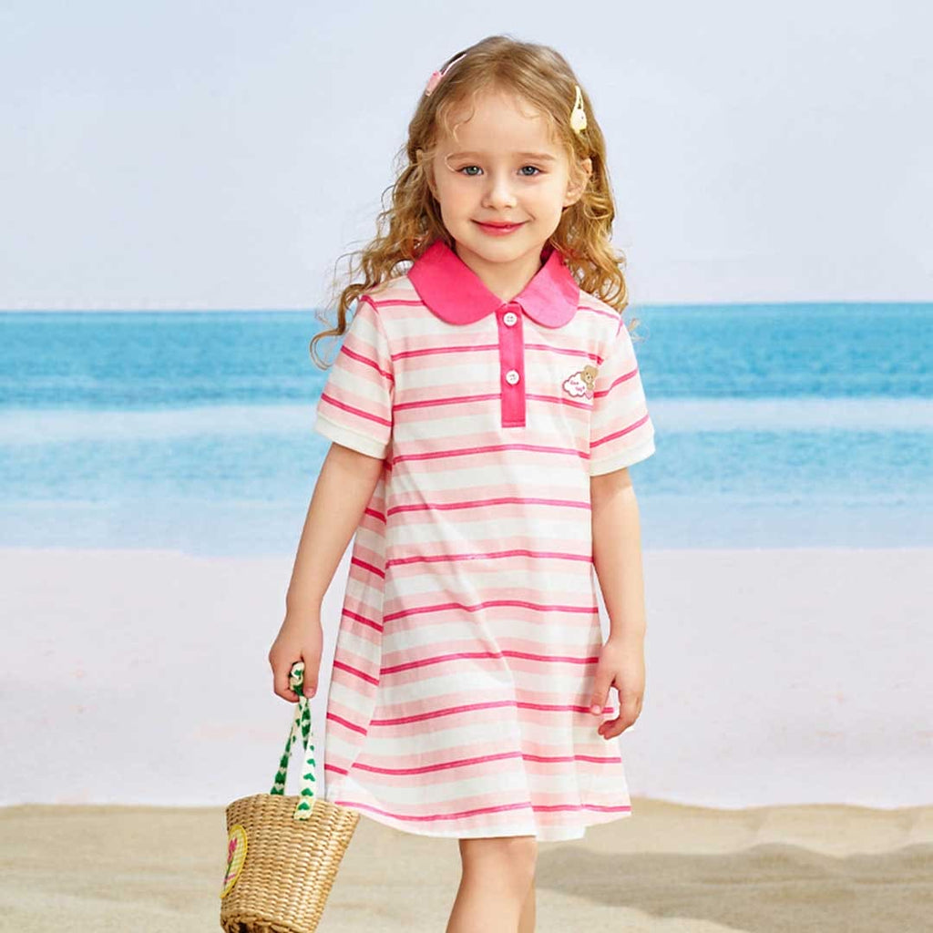 Girls Round Shape Collar Polo Neck Striped Dress Casual Dresses