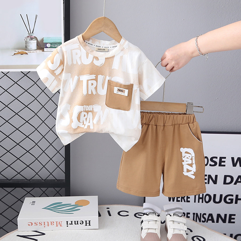 Boys Typographic Printed Contrast Pocket T-Shirt With Khaki Shorts Set 2 pc. Sets Khaki 1-2 Y