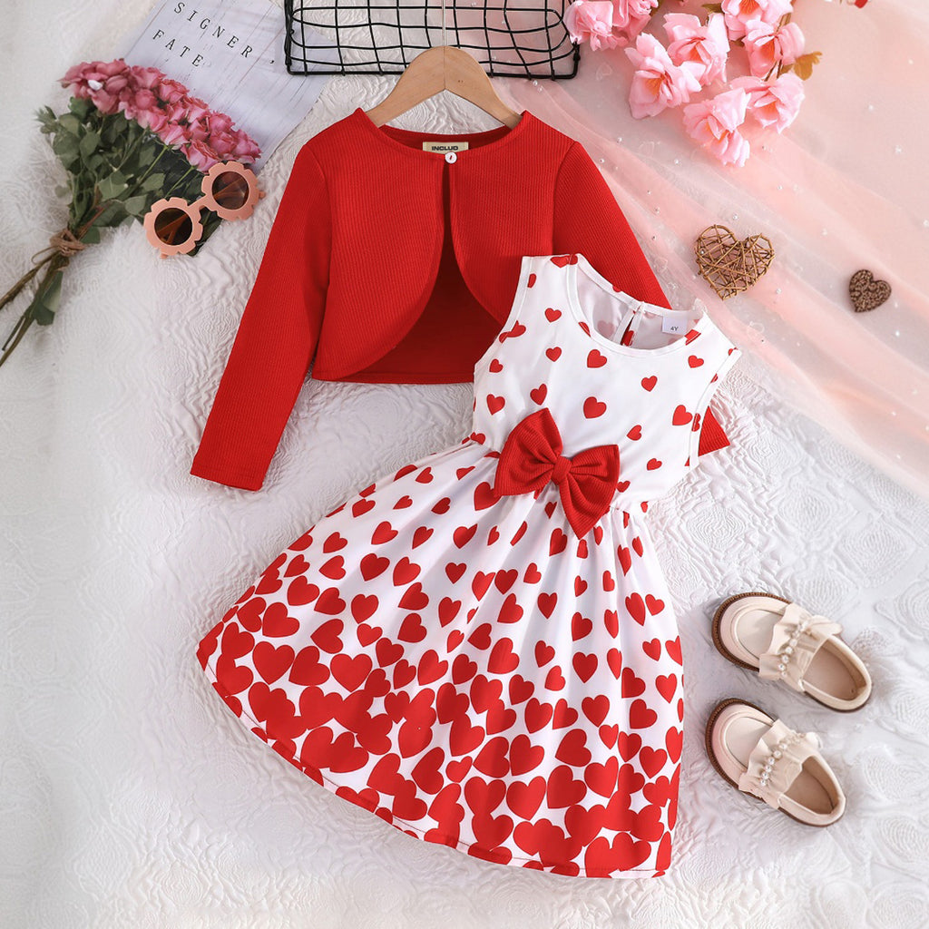 Girls Red Heart Printed Casual Dress with Full Sleeves Shrug Casual Dresses Red 3-4 Y