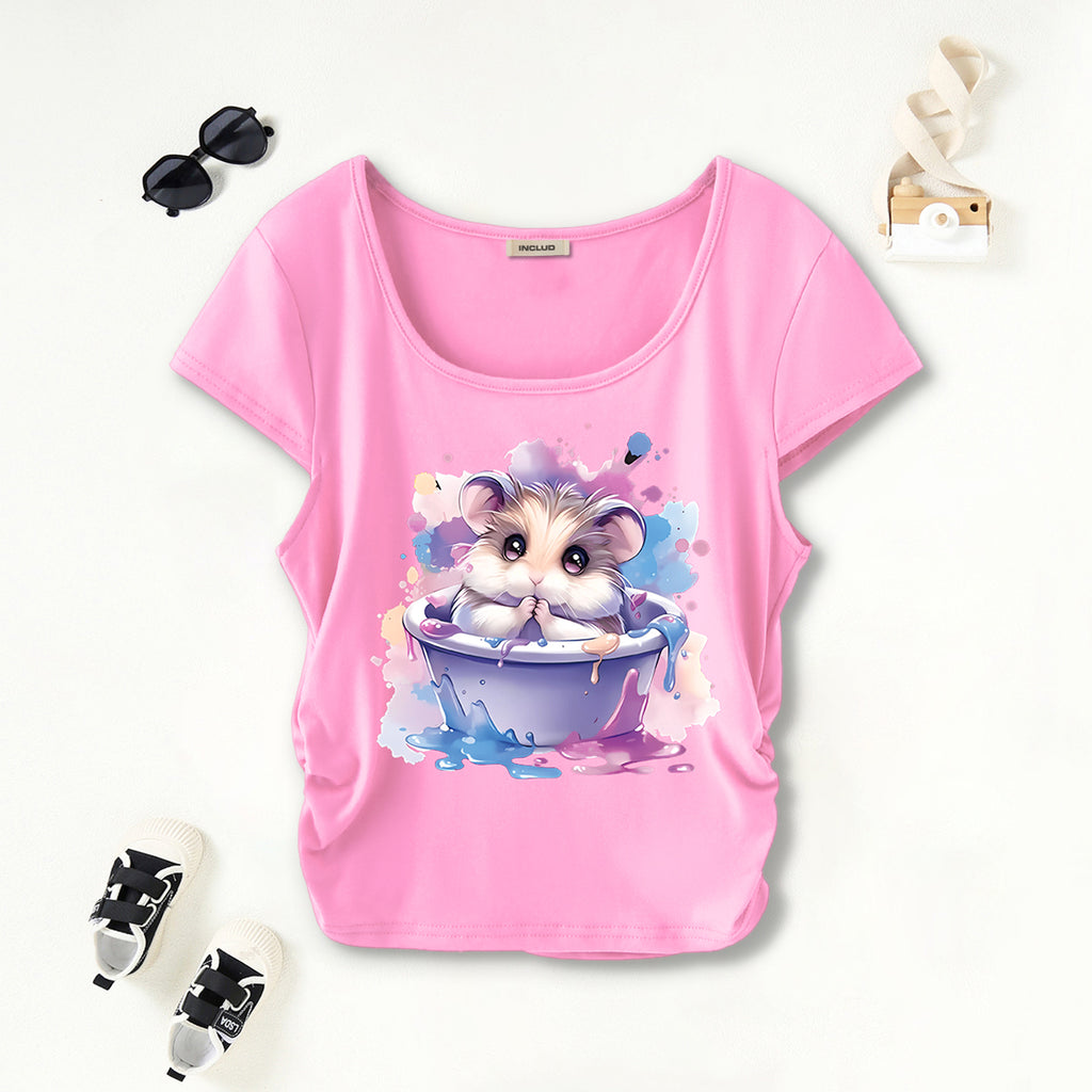 Girls Light Pink Hamster Graphic Short Sleeves Scoop Neck T-Shirt Tshirts Light Pink 7-8 Y