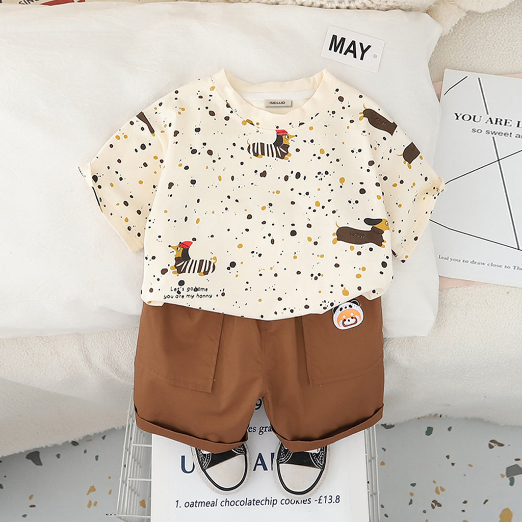 Boys Apricot Puppy Printed Short Sleeves T-Shirt With Shorts Set 2 pc. Sets