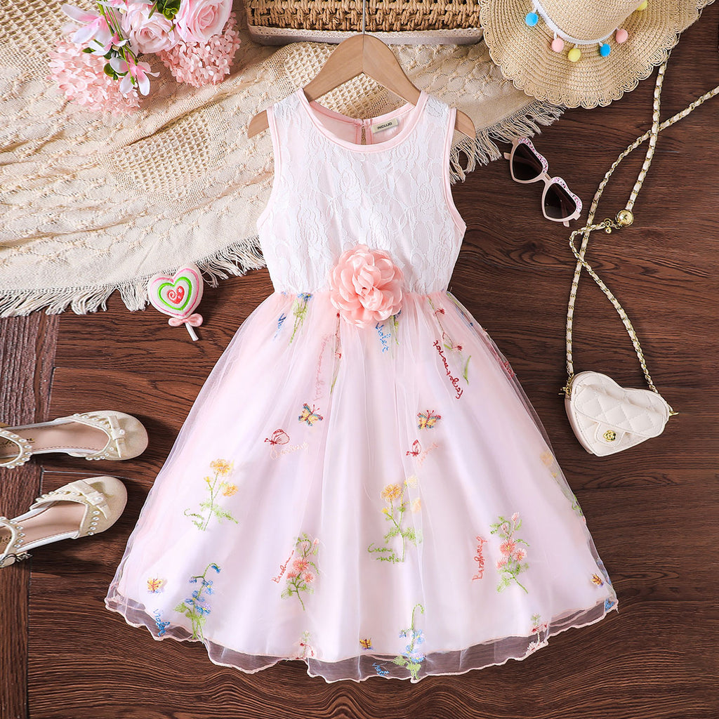 Girls Light Pink Flower Appliqued Sleeveless Dress Casual Dresses Light Pink 3-4 Y