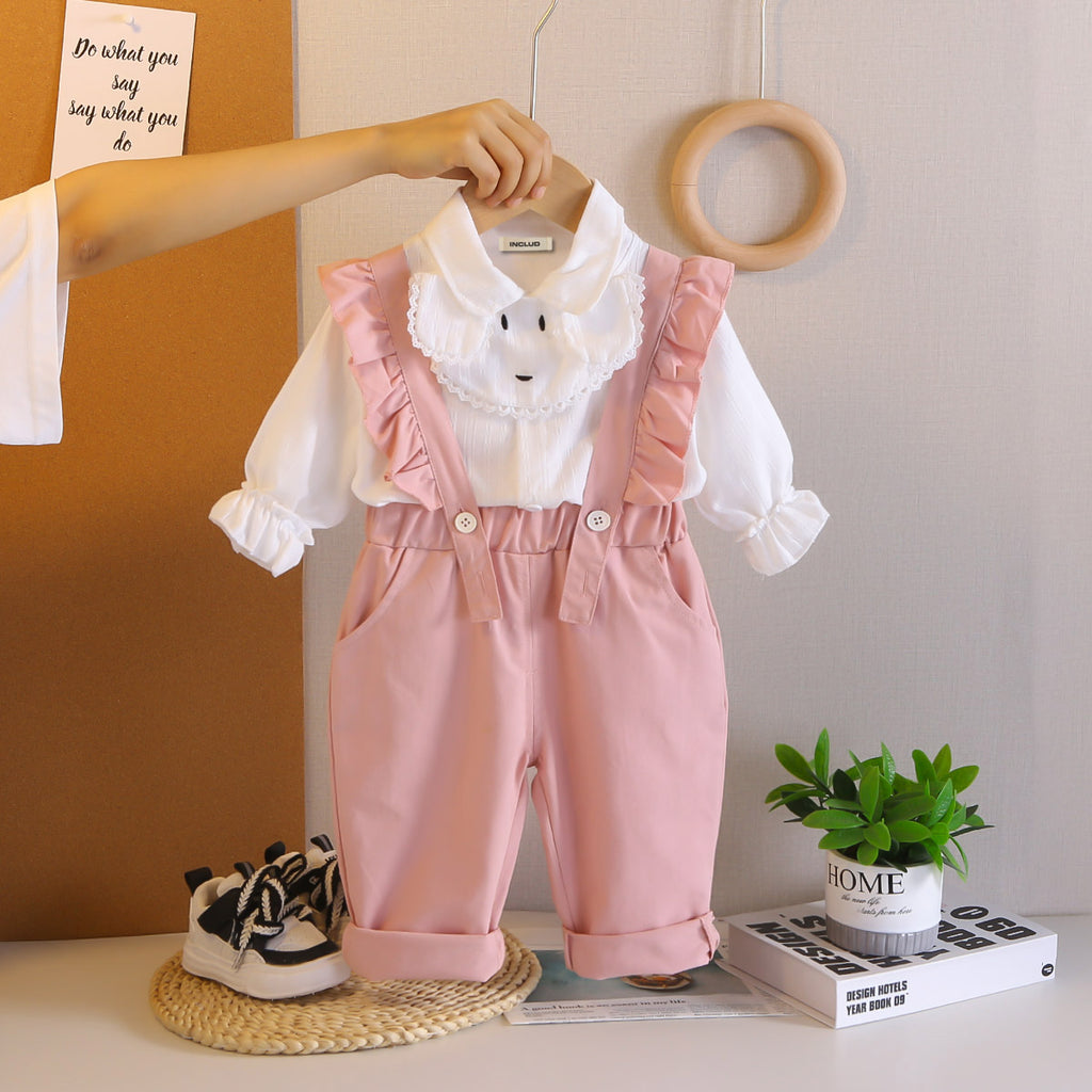 Girls Stripes Top With Pink Suspenders Pants Set 2 pc. Sets Pink 1-2 Y