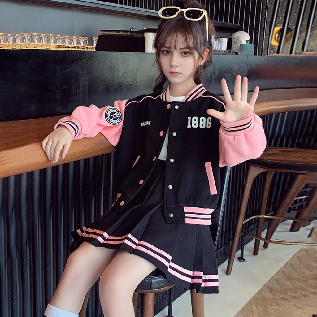 Girls Pink Alphanumeric Printed Varsity Jacket With Pleated Skirt Sets 2 pc. Sets Pink 5-6 Y