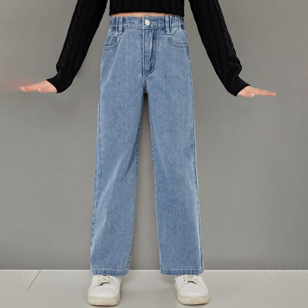 Girls Light Blue Straight Fitted Denim Pants Pants Light Blue 7-8 Y