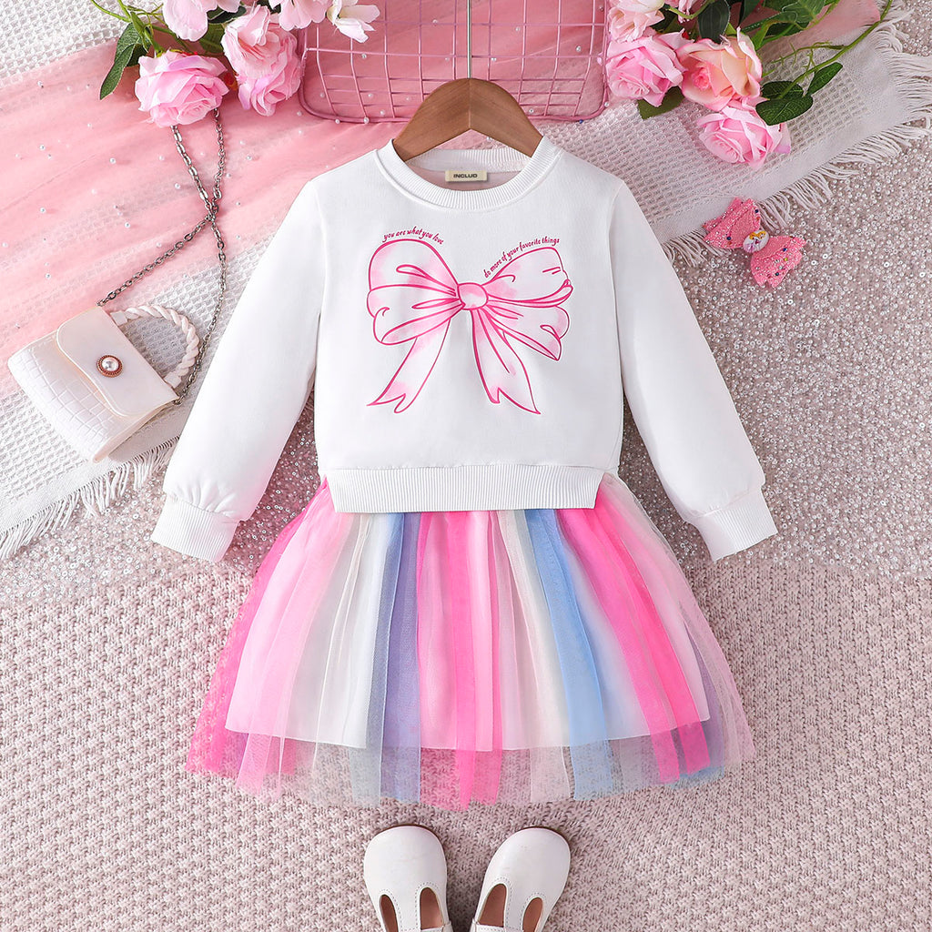 Girls White Bow Printed Sweatshirt Tulle Overlay Dress Casual Dresses White 3-4 Y