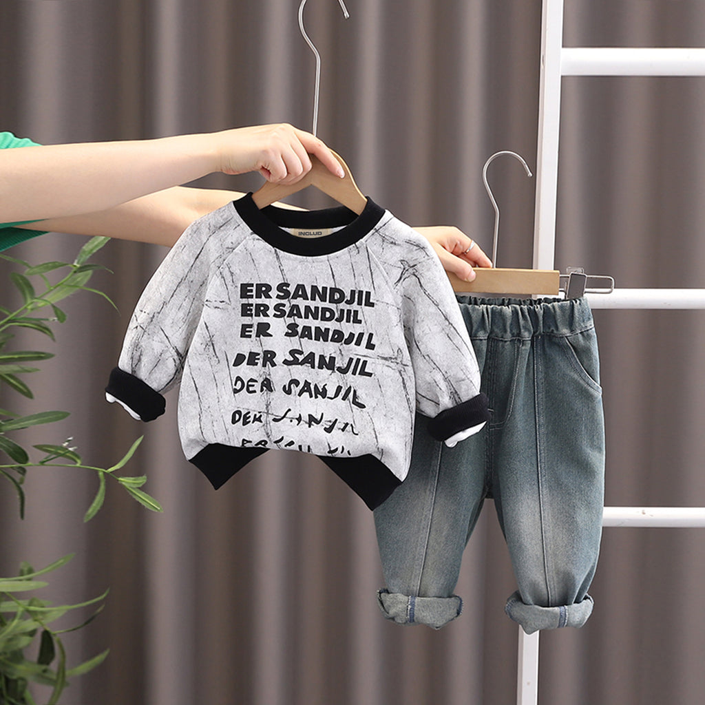 Boys White Typographic Printed Sweatshirt With Denim Pants Set 2 pc. Sets White 1-2 Y