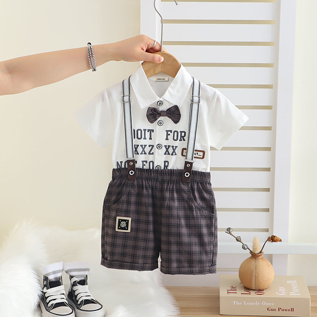 Boys White Printed Short Sleeves Shirt With Checked Suspenders Shorts Set Sets White 1-2 Y
