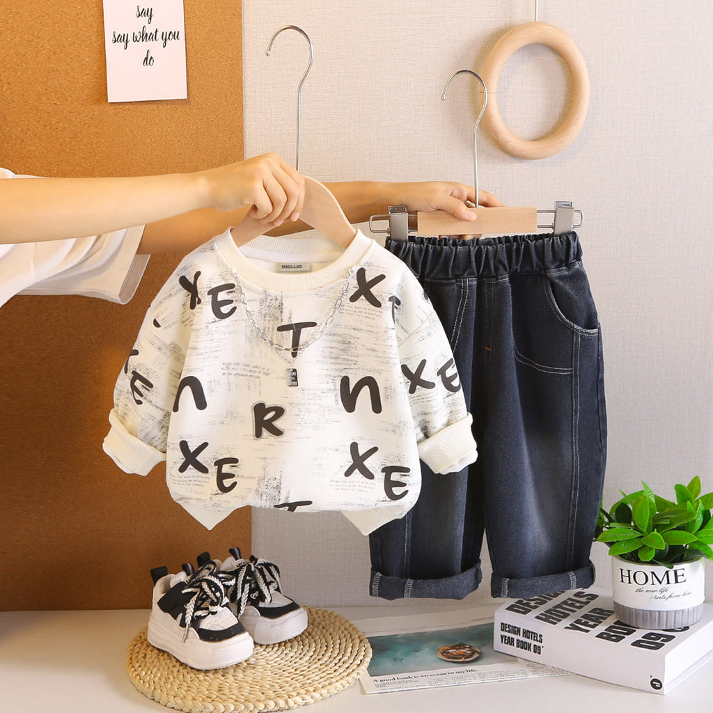 Boys Off White Alphabet Printed Sweatshirt With Denim Pants Set 2 pc. Sets Off White 1-2 Y