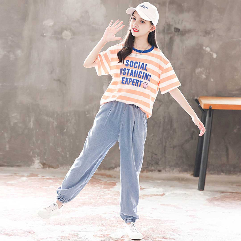 Girls Striped Alphabet Print T-Shirt With Denim Joggers Set 2 pc. Sets Orange 5-6 Y 