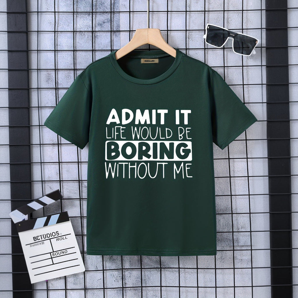 Boys Army Green Typographic Printed Short Sleeves Round Neck T-Shirt Tshirts Army Green 5-6 Y