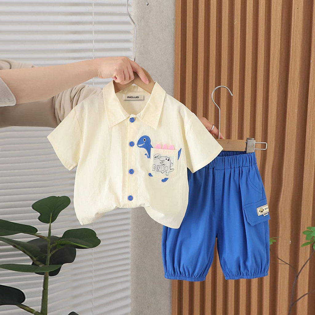 Boys Short Sleeve Dinosaur Print Shirt With Shorts 2 pc. Sets Blue 1-2 Y 