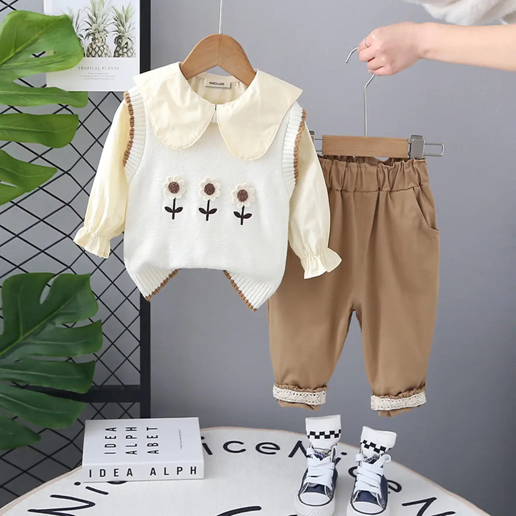 Girls White Floral Embroidered Sweater Vest With Top & Pants Set Sets White 1-2 Y
