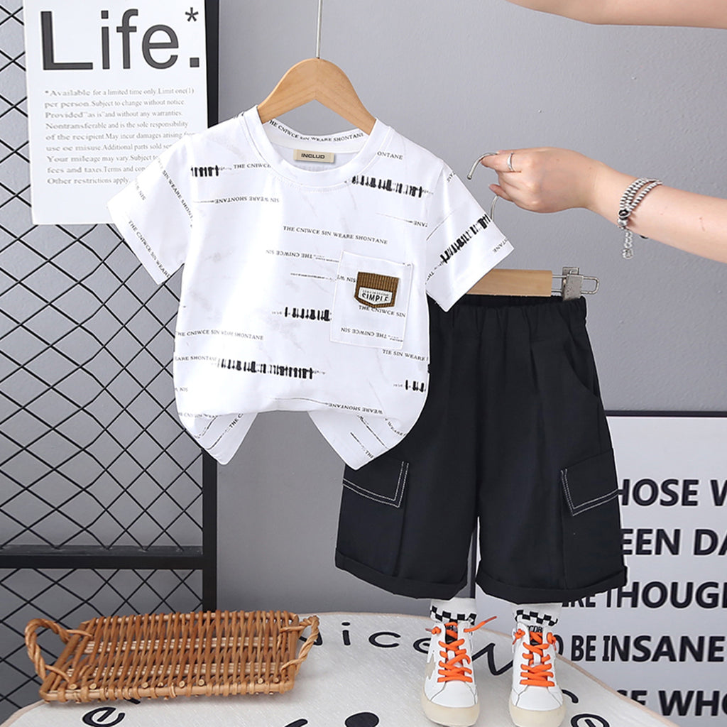 Boys White Printed Short Sleeves T-Shirt With Cargo Shorts Set 2 pc. Sets White 1-2 Y