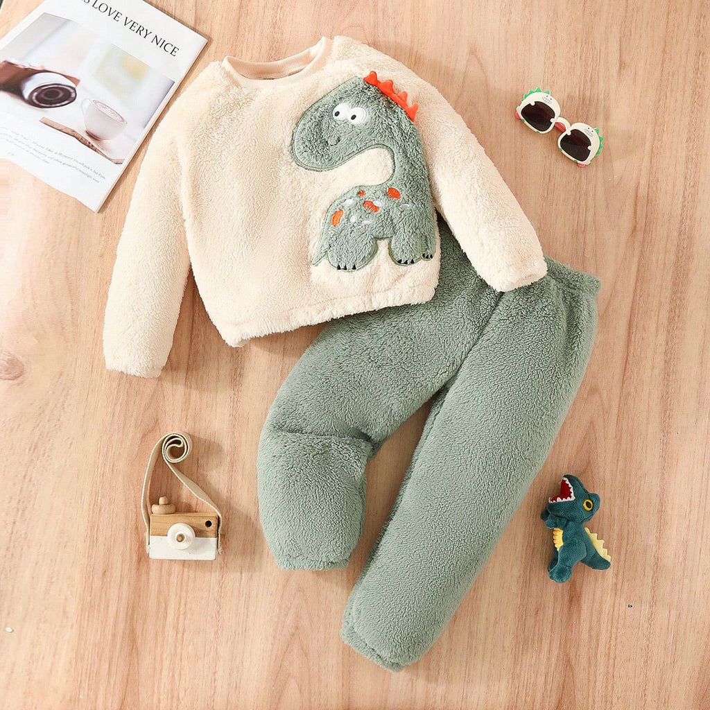 Boys Beige-Green Dinosaur Patch Polar Fleece Co-Ord Set Sets Light Green 3-4 Y