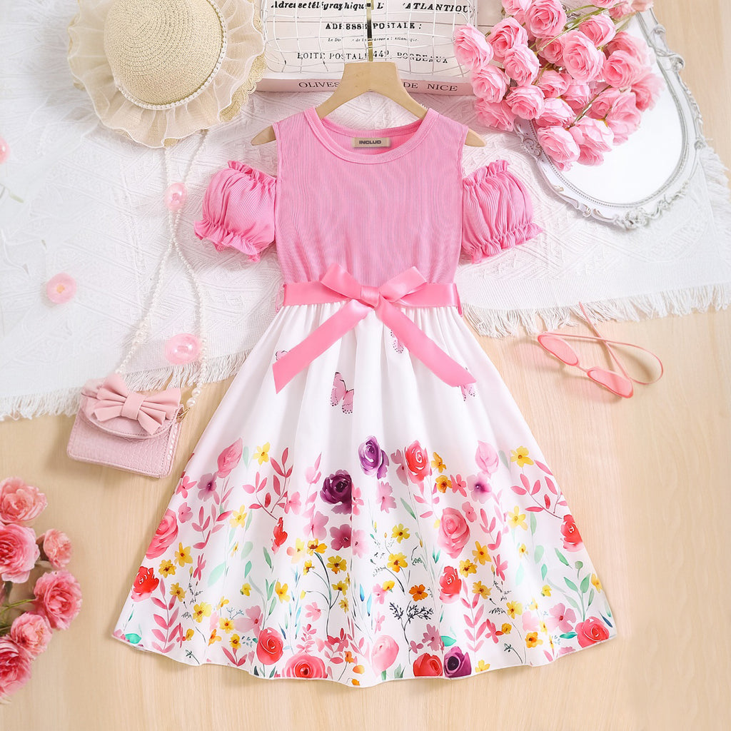Girls Pink Rose Flower Printed Cold Shoulder Fit And Flared Midi Dress Casual Dresses Pink 3-4 Y