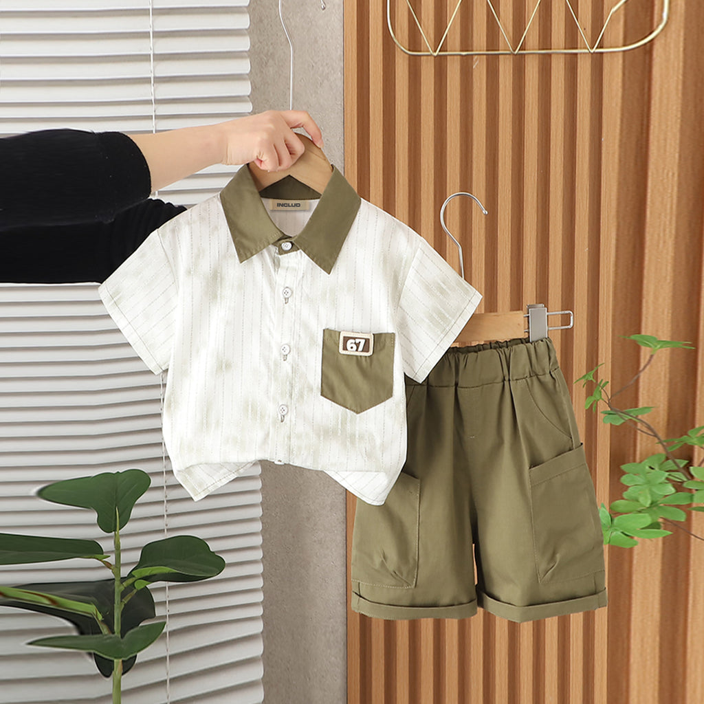 Boys Striped Contrast Collared Short Sleeve Shirt With Green Cargo Shorts Set 2 pc. Sets Green 1-2 Y