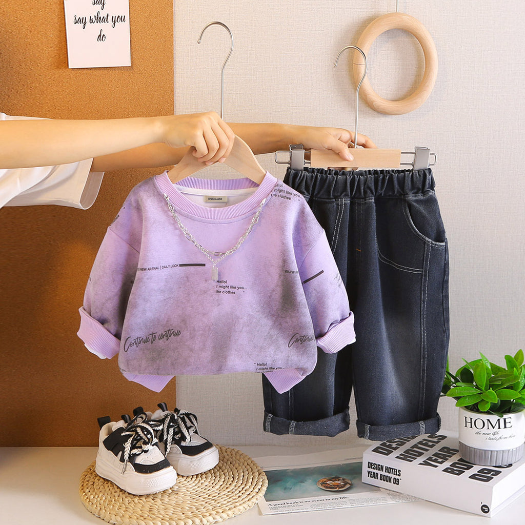 Boys Purple Typographic Printed Long Sleeves Sweatshirt With Denim Pants Set 2 pc. Sets Purple 1-2 Y