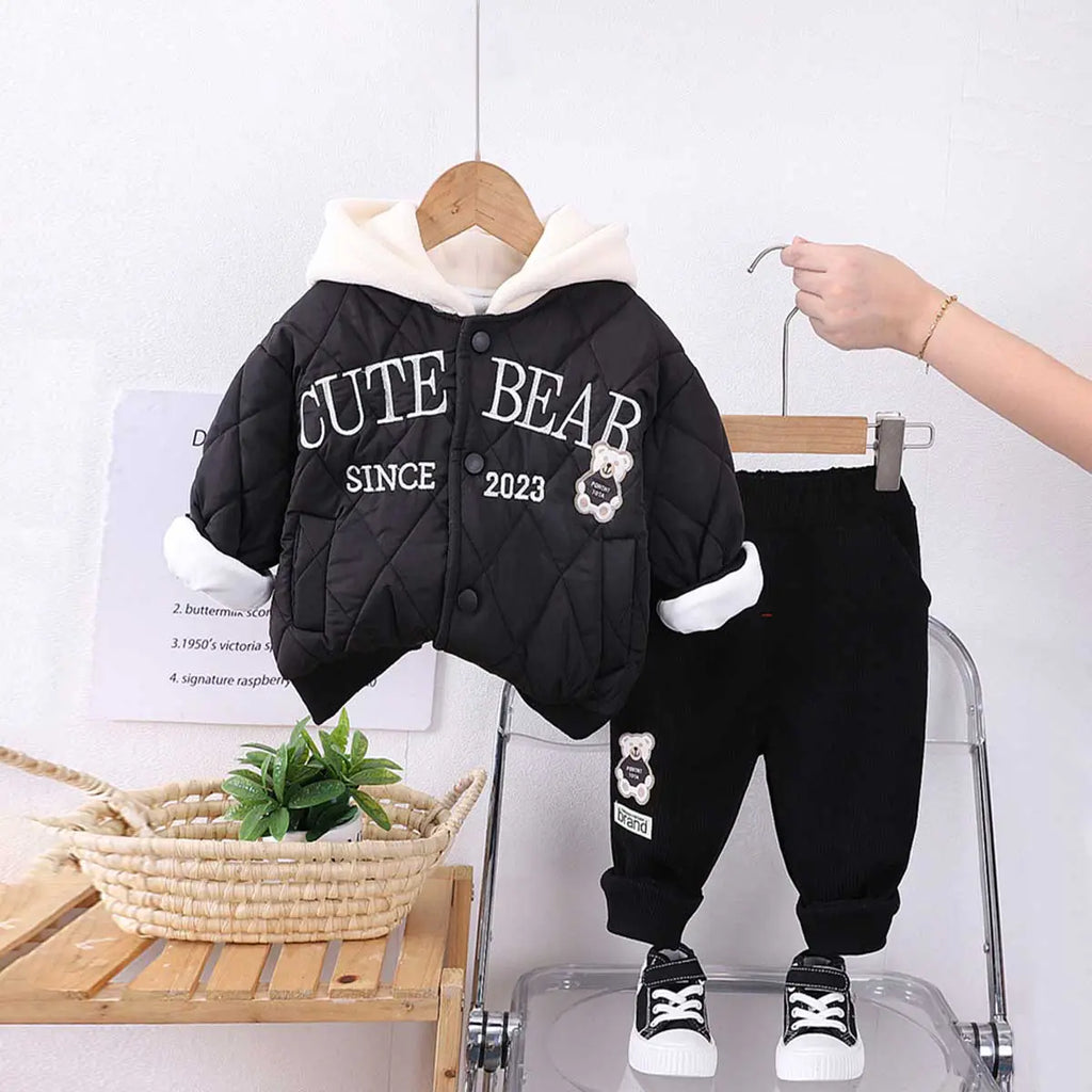 Boys Black Embroidered Quilted Puffer Jacket With Jogger Sets Sets Black 1-2 Y