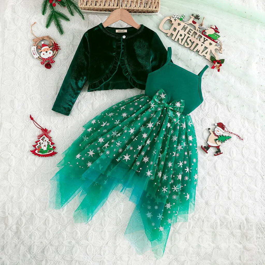 Girls Green Embroidered Tulle Overlay Fit & Flare Dress With Shrug Casual Dresses Green 2-3 Y