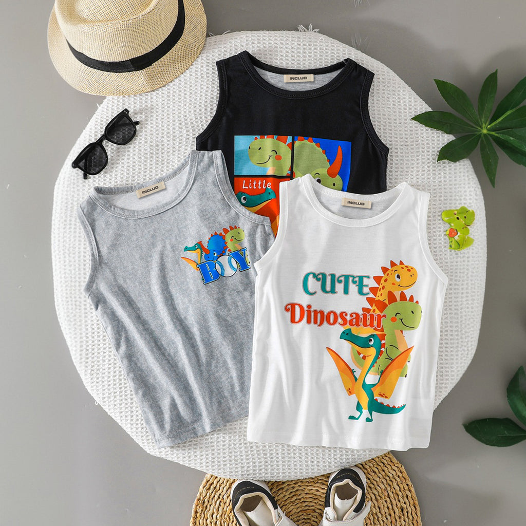 Boys Multicolor Graphic Dinosaur Printed Sleeveless Vest (Pack Of 3) Tshirts Multicolor 3-4 Y