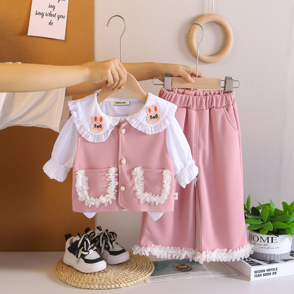 Girls Pink Solid Sleeveless Jacket With Top & Pants Set Sets