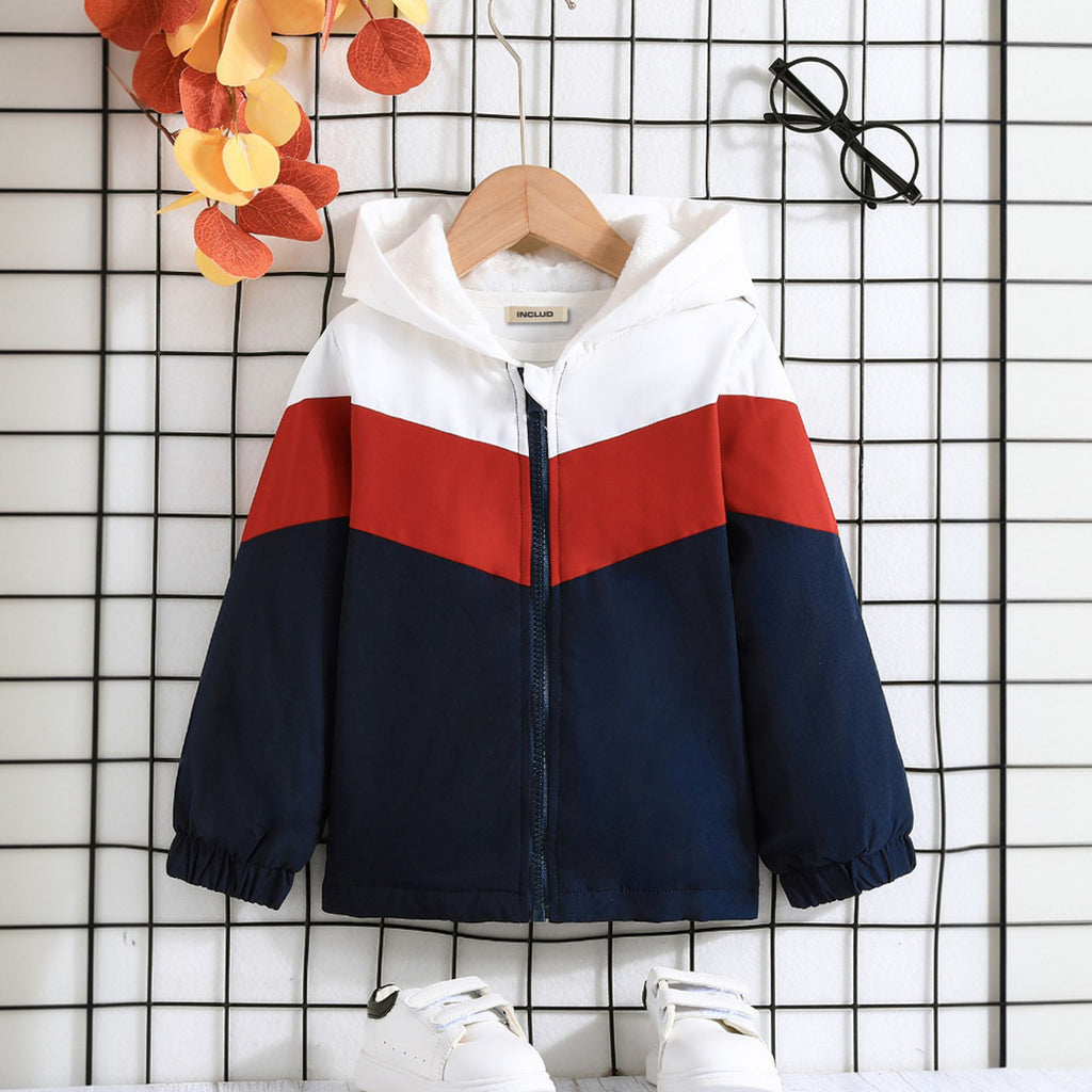 Boys Navy Colorblocked Full Sleeves Hooded Jacket Coats & Jackets Navy Blue 3-4 Y
