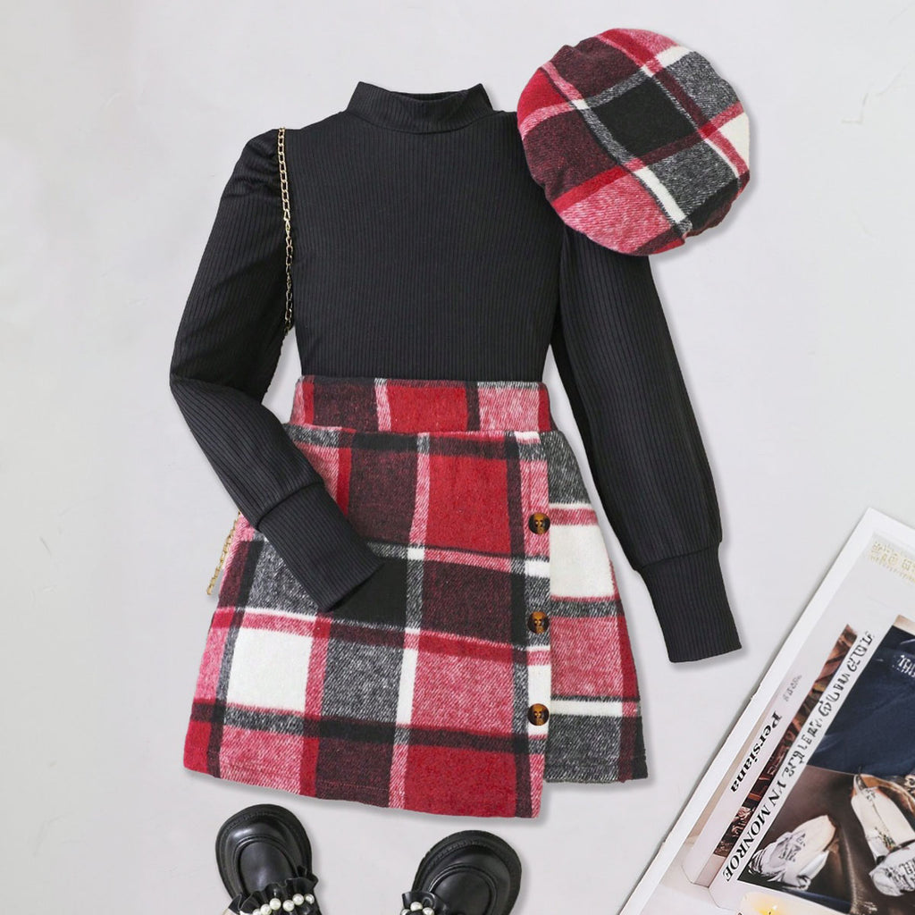 Girls Stand Collar Rib Top With Red Checked Skirt & Beret Hat Set Sets Black 7-8 Y