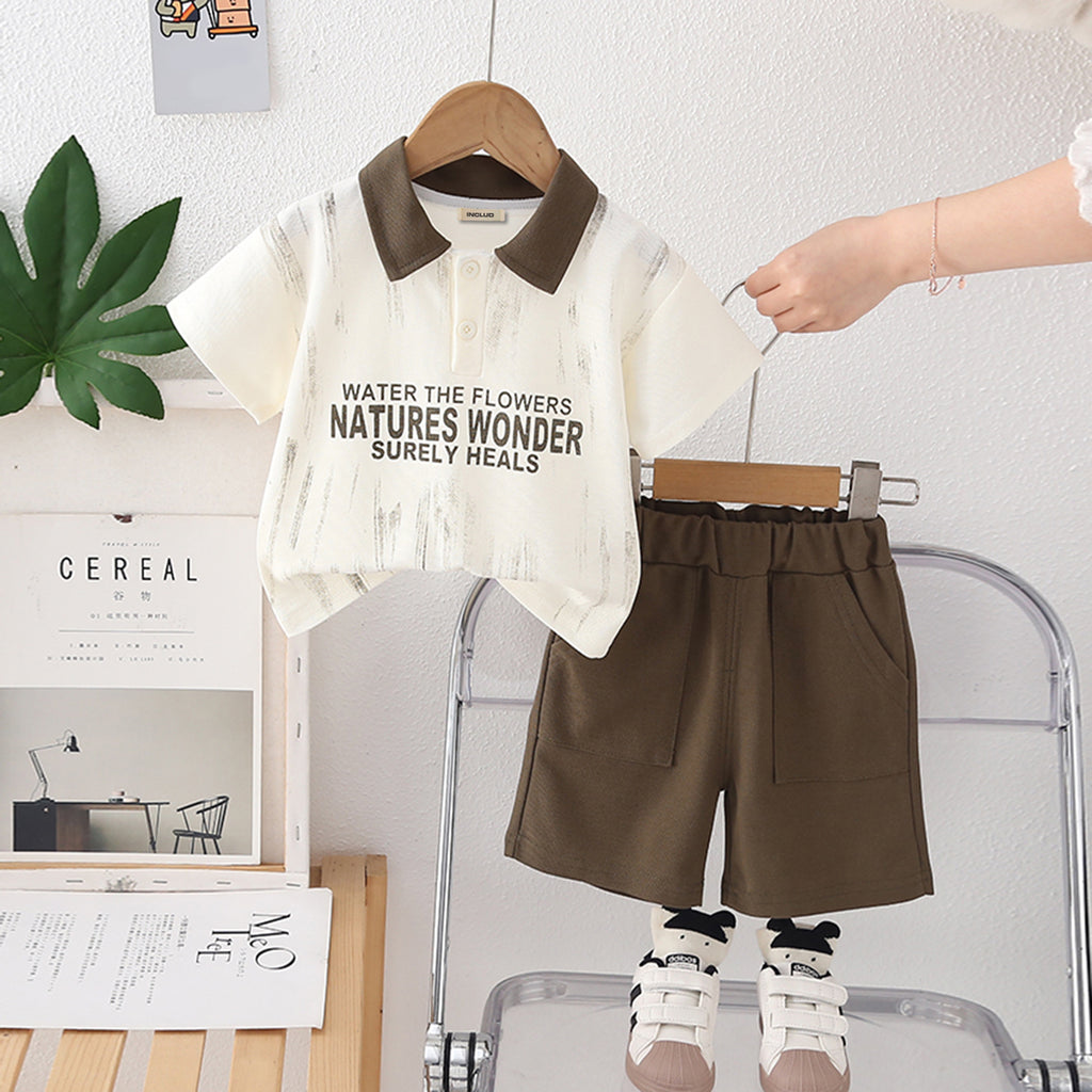 Boys Printed Contrast Collared Polo-T-Shirt With Dark Brown Shorts Set 2 pc. Sets Dark Brown 1-2 Y