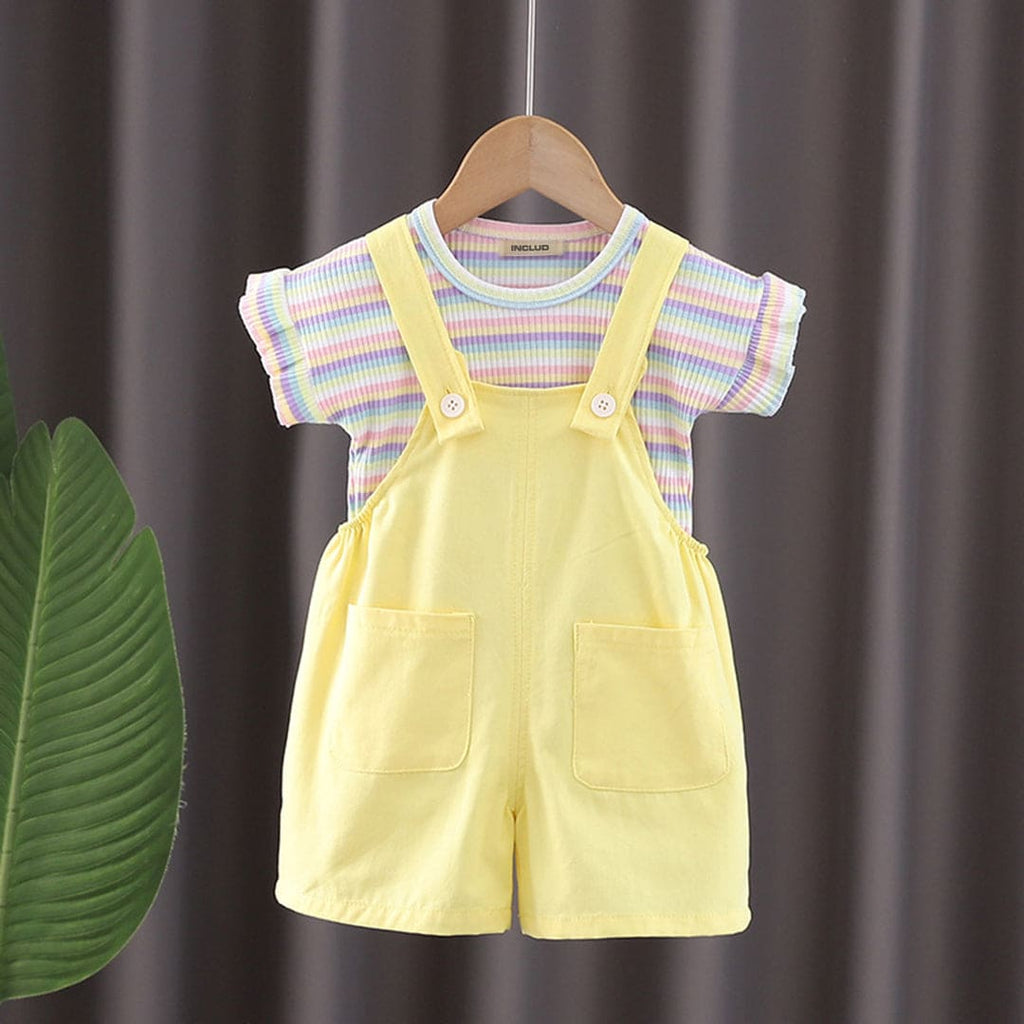 Girls Short Sleeve Striped T-Shirt With Dungaree Set 2 pc. Sets Yellow 1-2 Y 