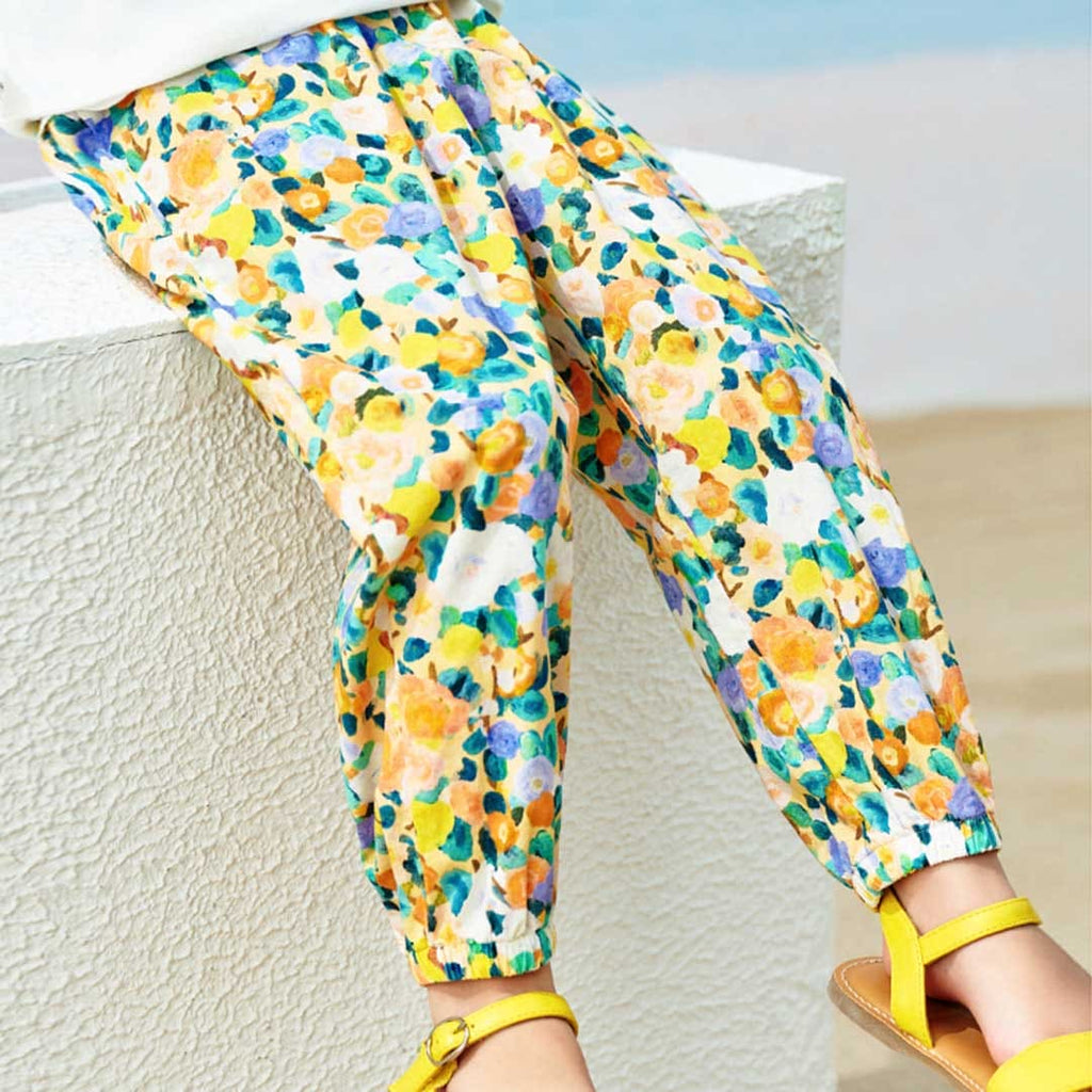 Girls Flower Printed Elasticated Pants Pants Orange 1-2 Y 