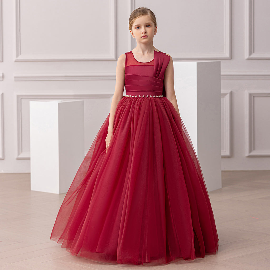 Girls Maroon Duchess Satin Pleated Tulle Gown with Statement Back Bow Party Dresses Maroon 7-8 Y