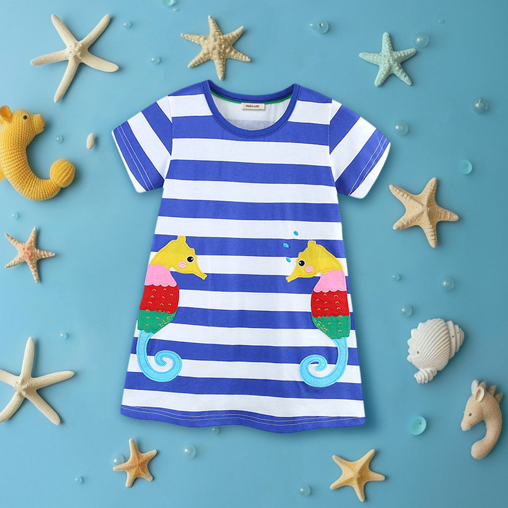 Girls Seahorse Embroidery Striped Dress Casual Dresses Royal Blue 1-2 Y 
