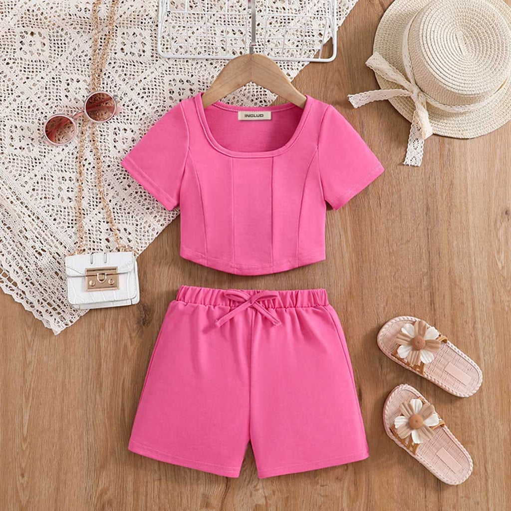 Girls Short Sleeve Knitted Top With Elasticated Short Set 2 pc. Sets Pink 2-3 Y 